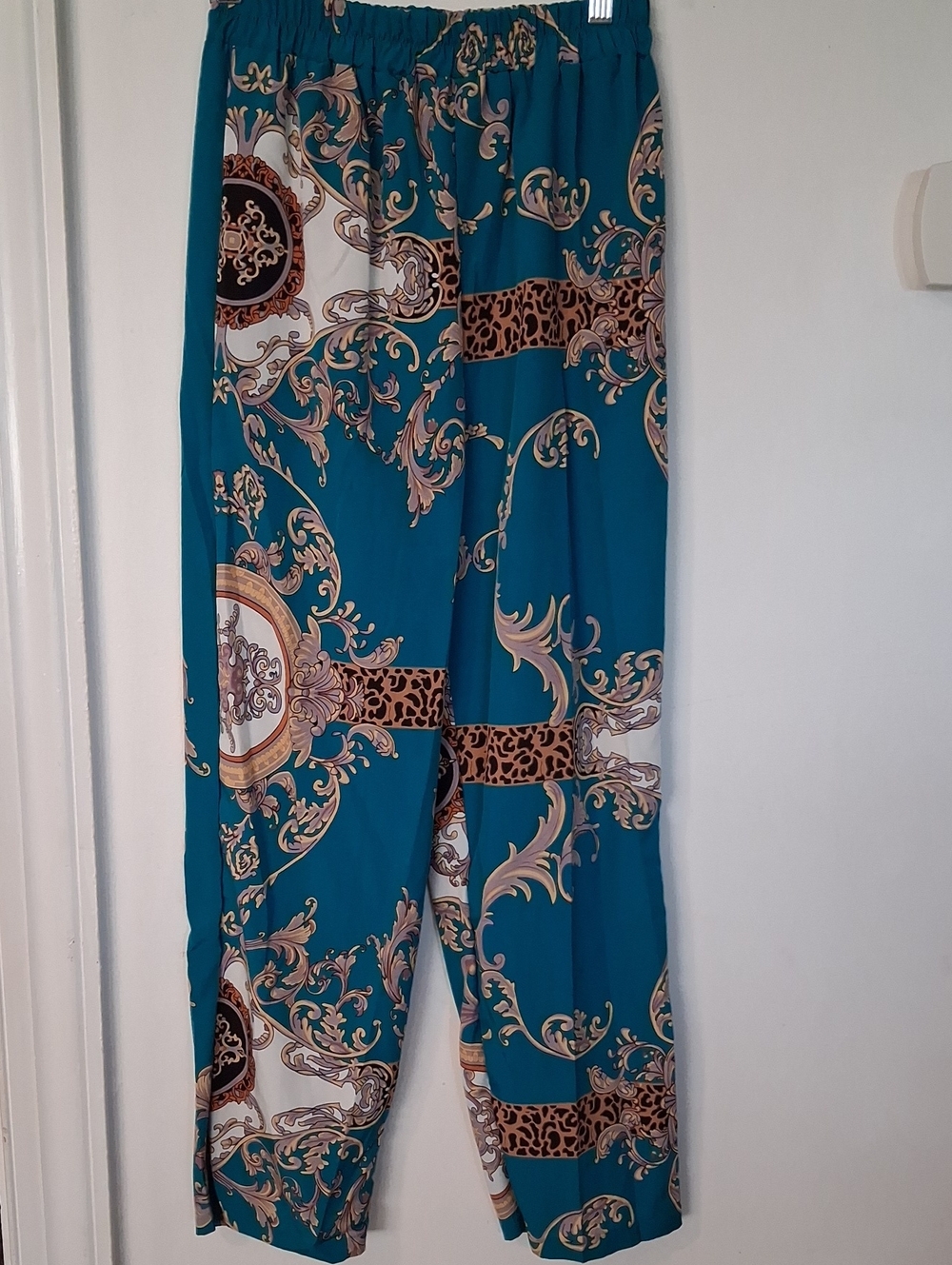 Zanzea Teal Baroque-Print Wide Leg Pants with Leopard Bands